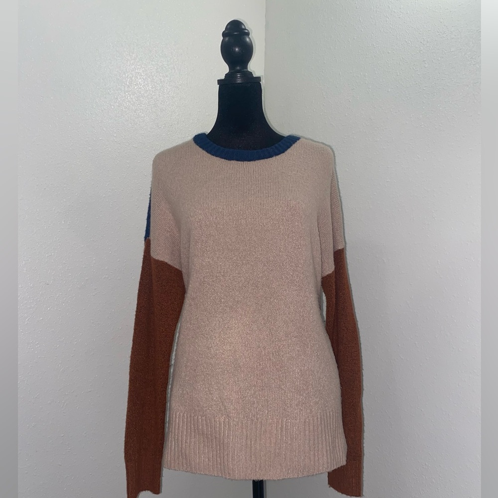 Colorblock Sweater - Cream, Brown, and Blue